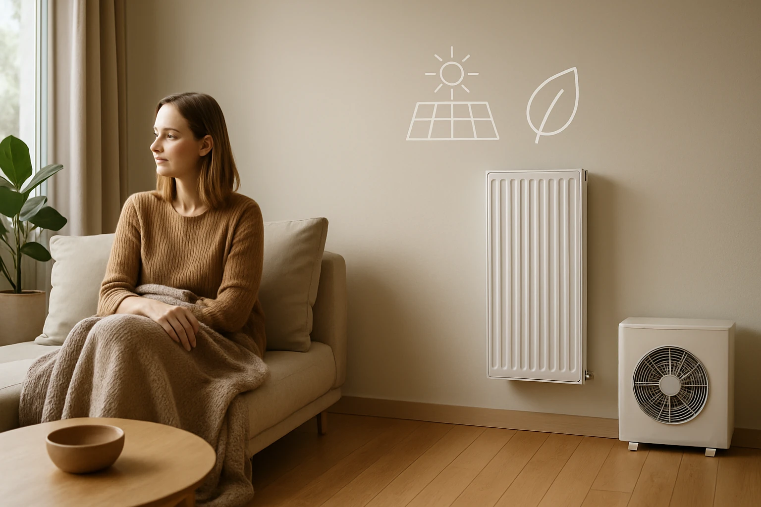 Egy fiatal nő ül a kanapén, takaróval a lábán, a napfényben gondolkodik.