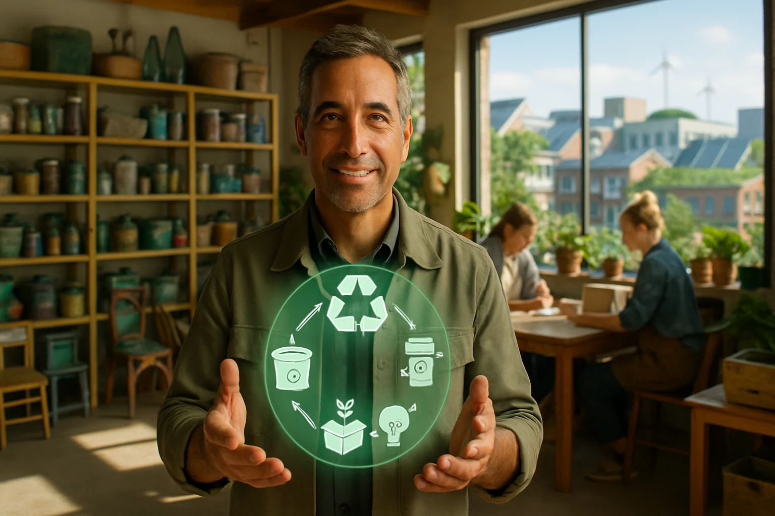 Egy férfi mosolyogva mutat a kezében lebegő újrahasznosítási szimbólumokra egy zöld környezetben.