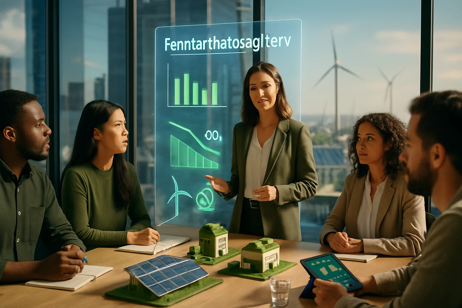 Egy fenntarthatósági tervet bemutató női előadó, körülötte öt ember ül, különböző zöld technológiákkal.