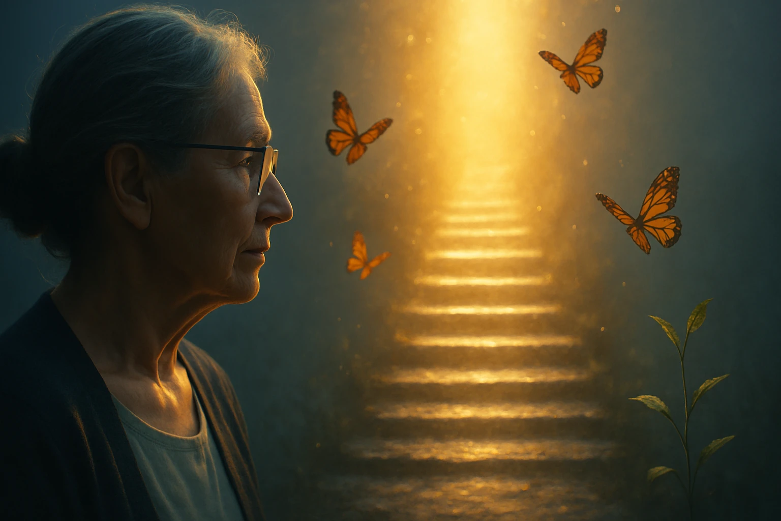 Idős nő néz egy fényes lépcsőre, körülötte pillangók repkednek.