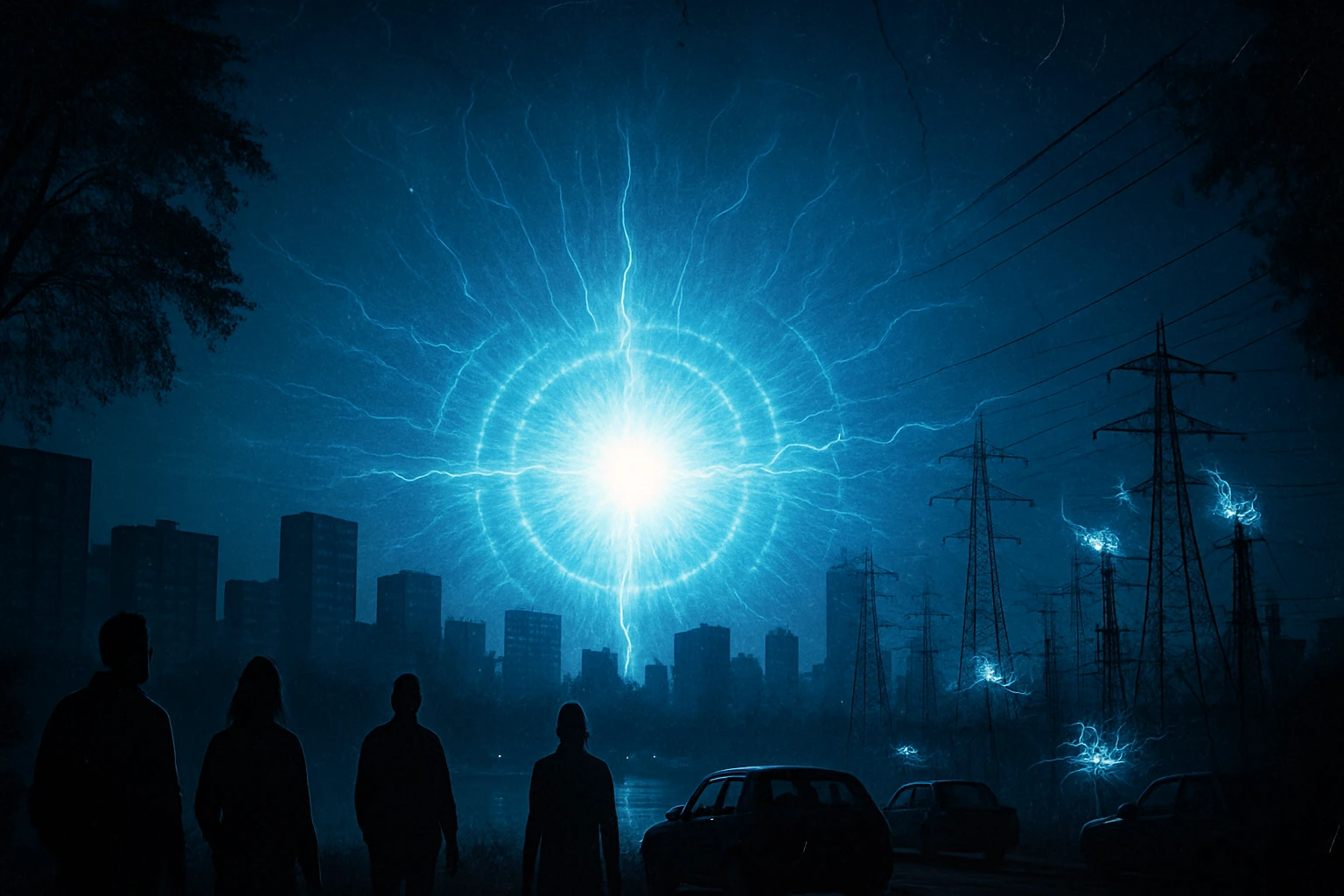 Négy ember áll egy városi táj előtt, ahol egy fénylő energiaforrás látható az égen.