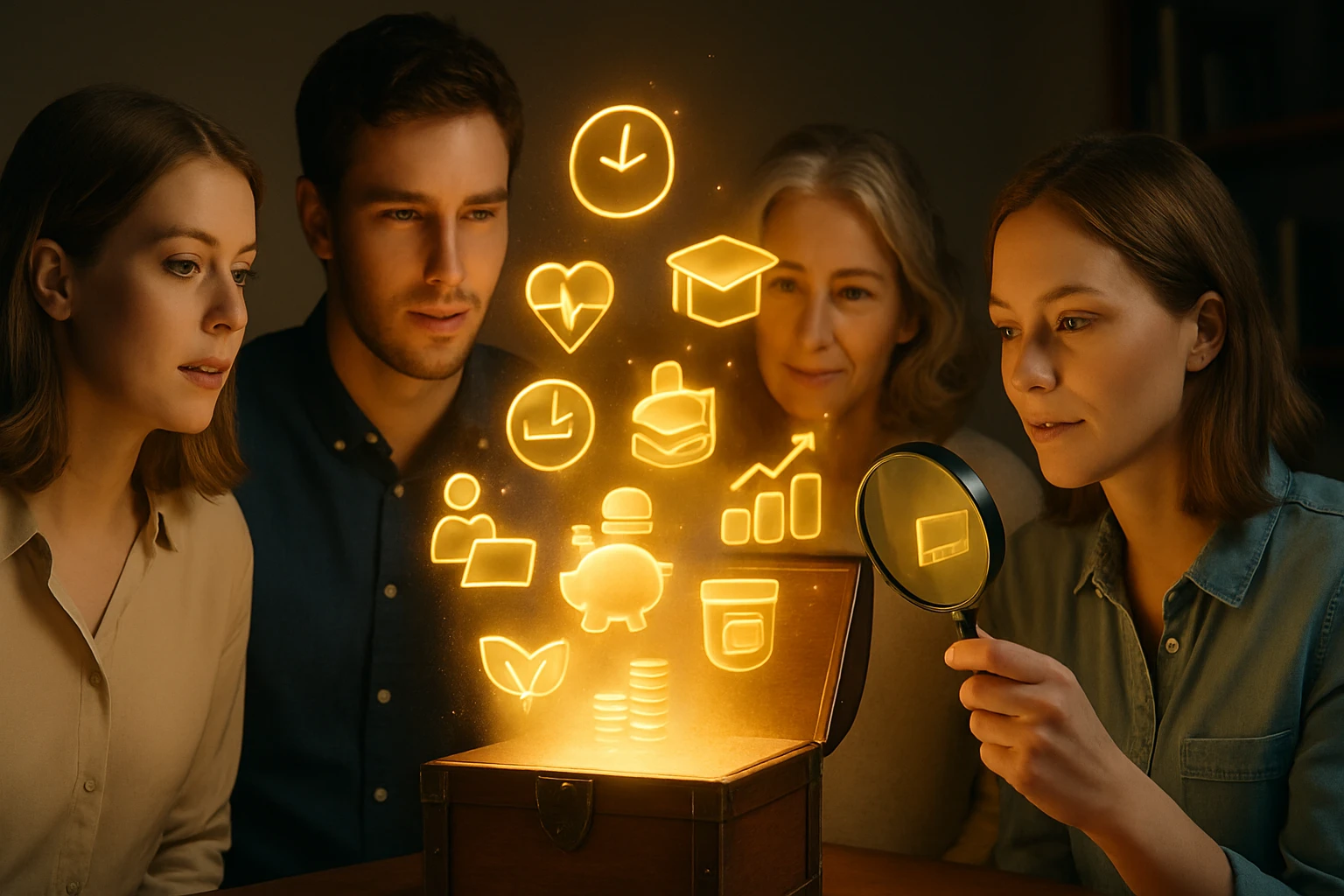 Négy ember figyel egy kincsesládából kiáramló, fénylő ikonokra, amelyek különböző témákat jelképeznek.
