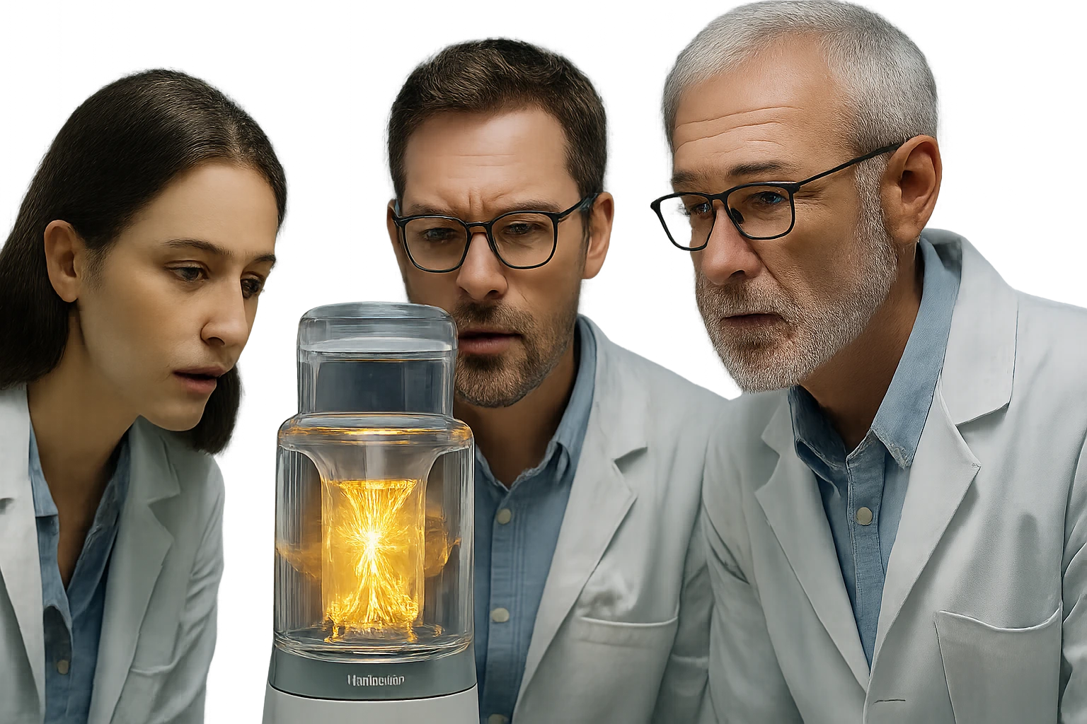 Két tudós és egy idősebb férfi figyeli a laboratóriumban lévő fénylő eszközt.