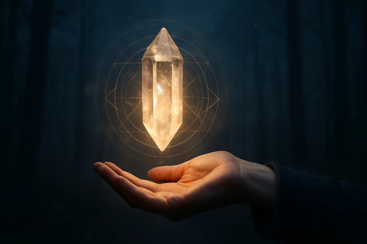 Egy kézben lebegő, fénylő kristály, háttérben sötét erdővel.