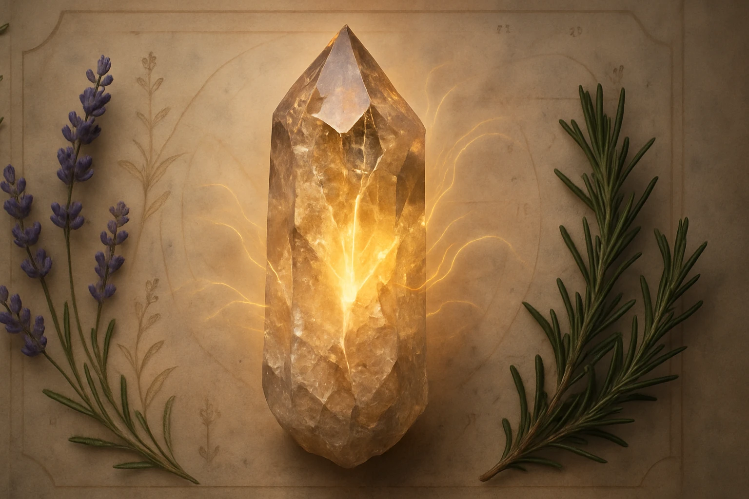 Egy fénylő kristály, mellette levendula és rozmaring ágak, misztikus háttérrel.