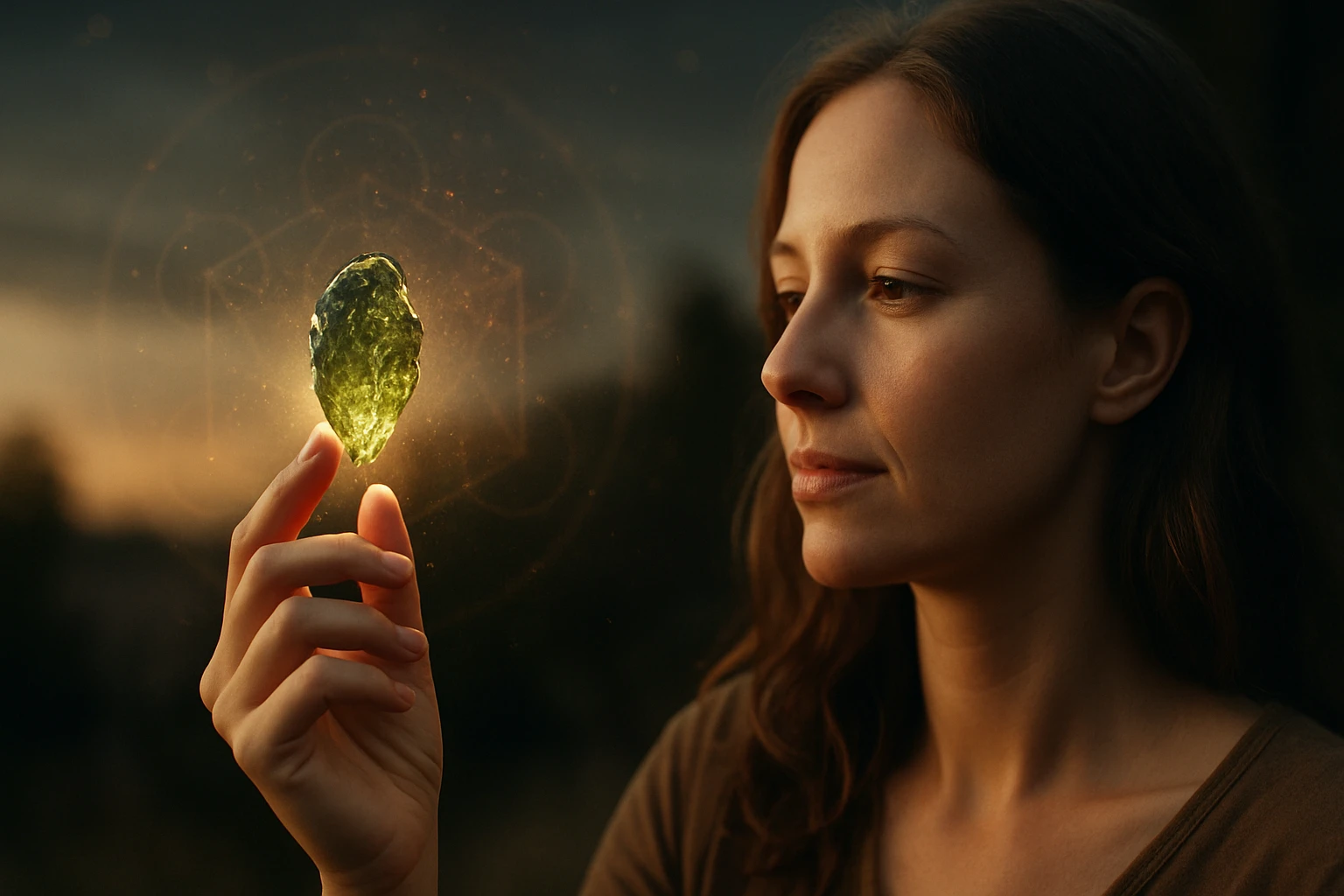 Egy nő egy zöld kődarabot tart a kezében, amely fényt bocsát ki, háttérben naplementével.
