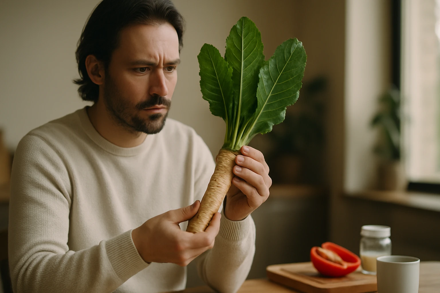 Egy férfi figyelmesen nézi a zöld levelekkel rendelkező gyökérzöldséget, miközben egy asztalon ül.
