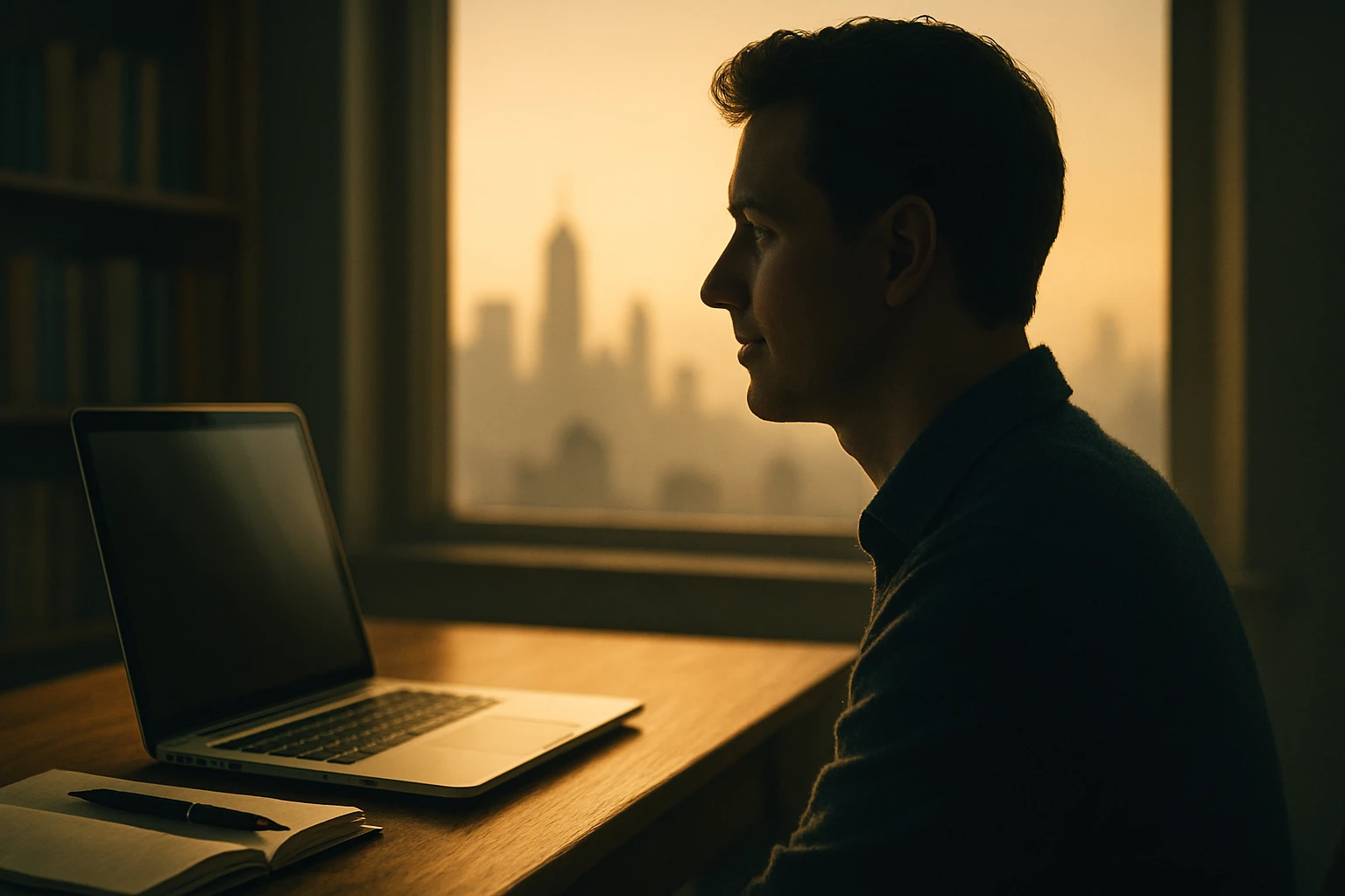 Egy férfi ül egy íróasztalnál, laptop előtt, háttérben városi táj látható naplementében.