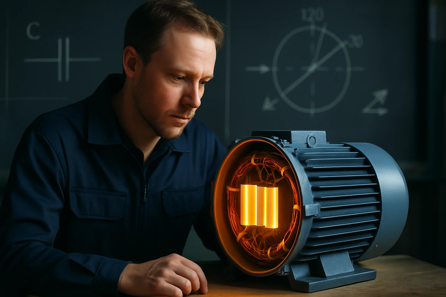 Egy férfi figyelmesen nézi a motor belsejében lévő izzó elemeket.