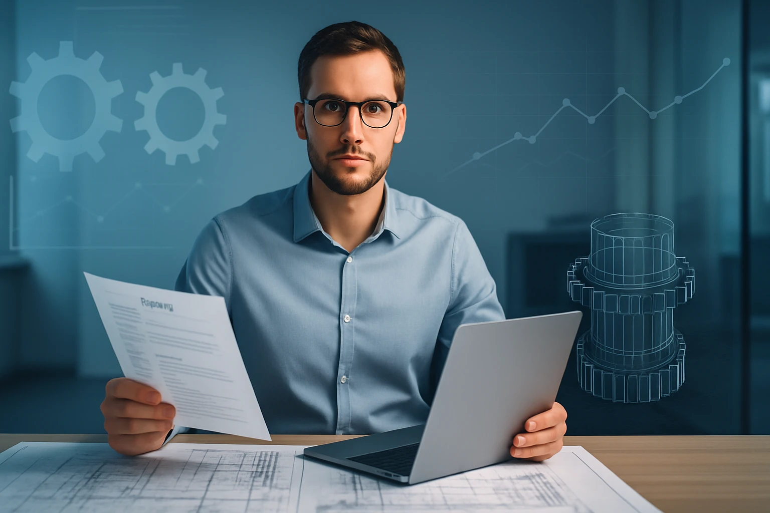 Egy férfi ül egy asztalnál, laptopot használ, és papírokat nézeget.