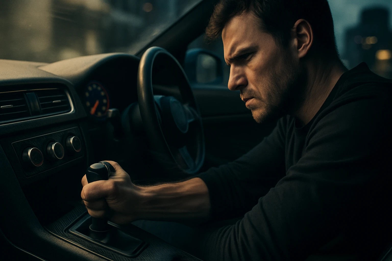 Egy férfi koncentrált arckifejezéssel váltót kezel egy autóban, sötét háttér előtt.