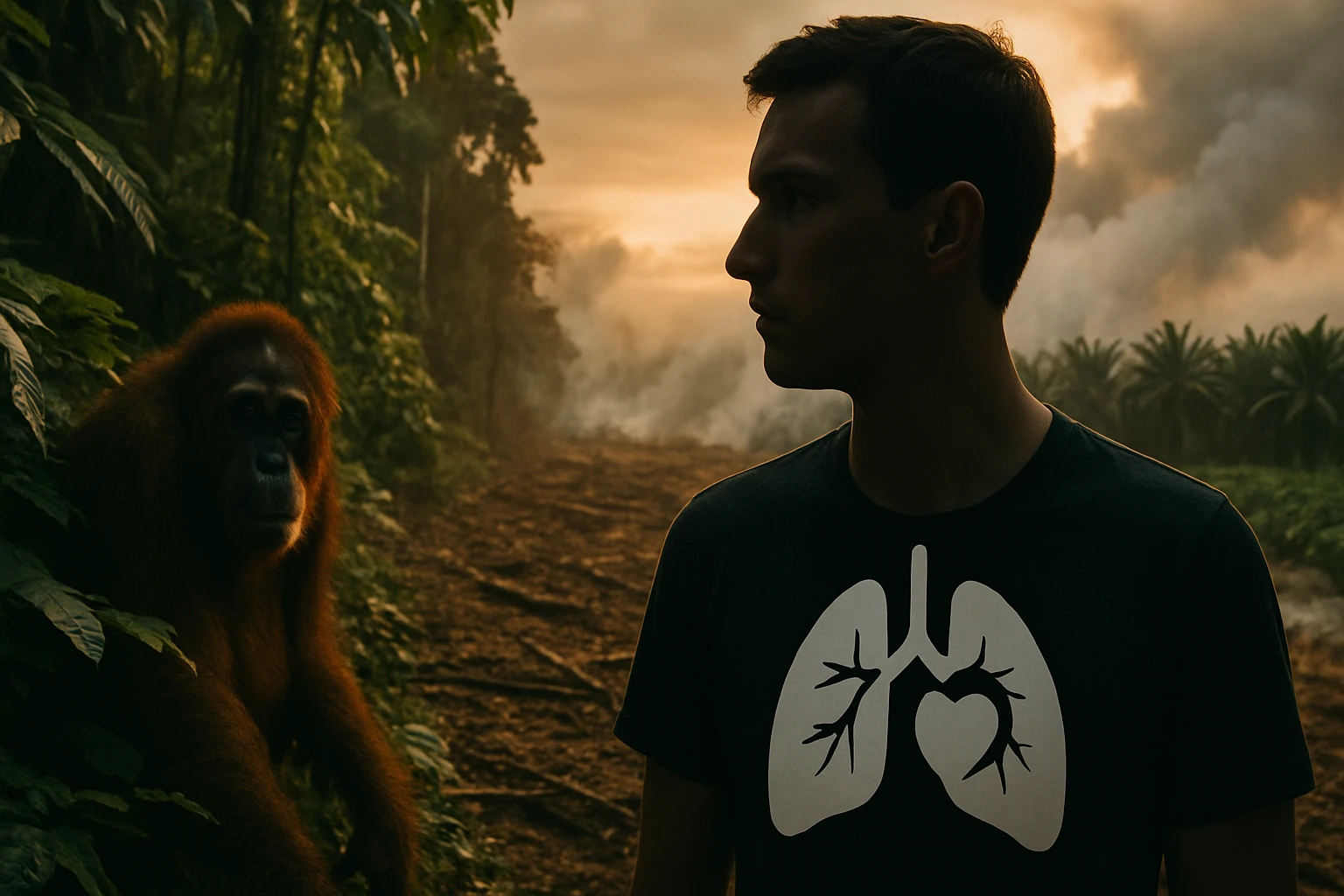 Egy férfi és egy orangután áll egy füstölgő erdőszélen, háttérben naplemente.