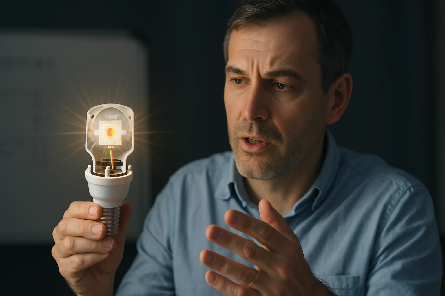 Egy férfi egy világító LED izzót tart a kezében, érdeklődve nézi.