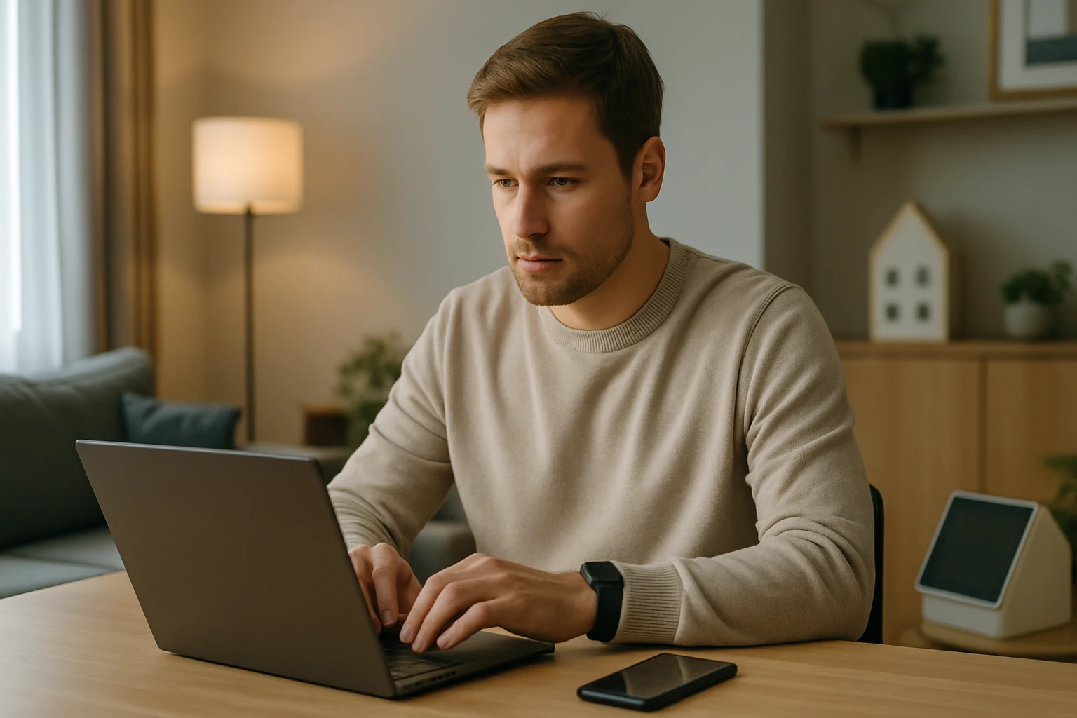 Egy fiatal férfi koncentráltan dolgozik egy laptopon otthoni környezetben.