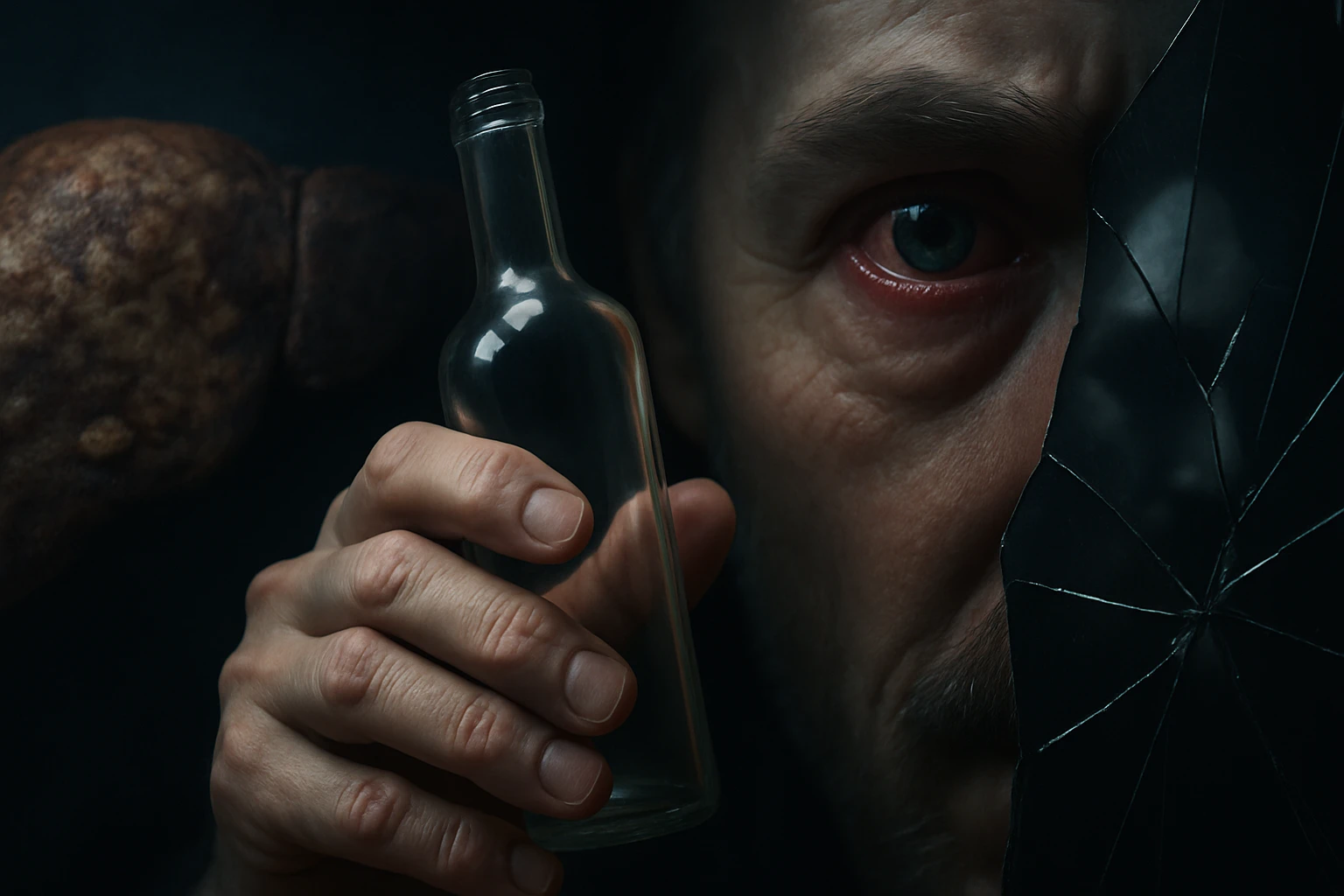 Egy férfi kezében egy üvegpalackot tart, arca részben árnyékban, szemei kifejezőek.