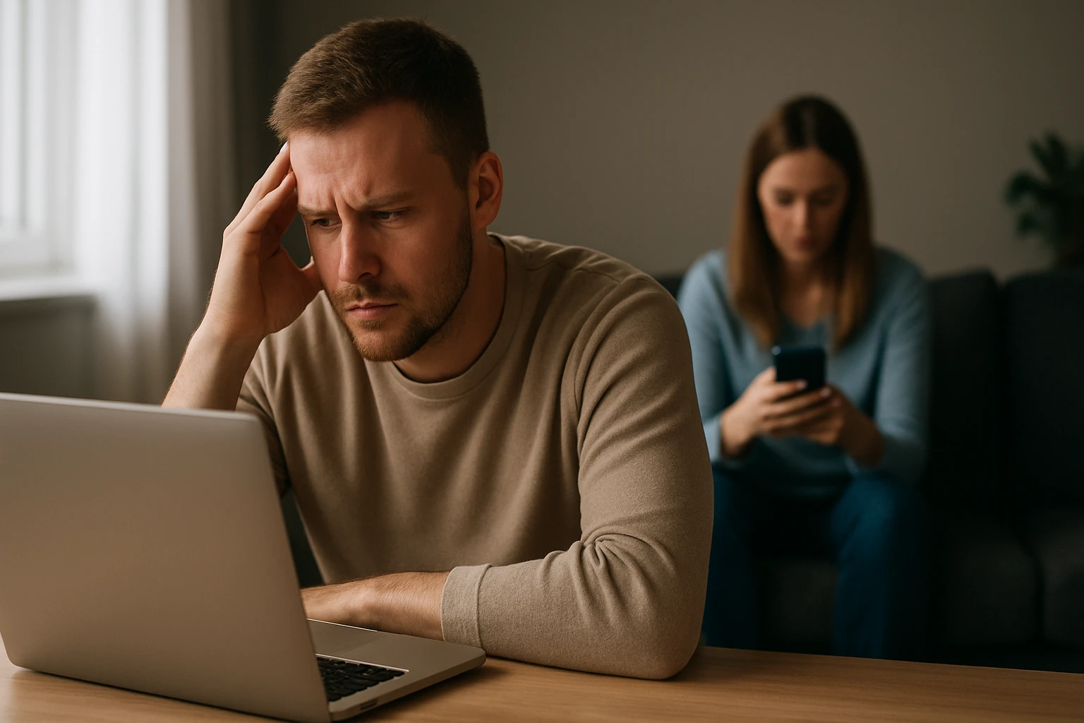 Egy férfi aggódva néz egy laptopot, míg egy nő háttérben telefonozik.