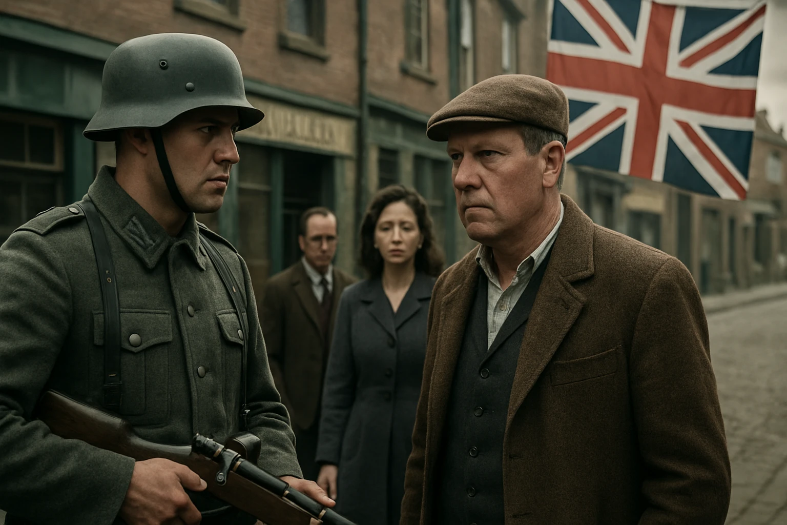 Két férfi, egy katona és egy polgári személy, feszülten néznek egymásra egy utcán, háttérben emberek és brit zászló.