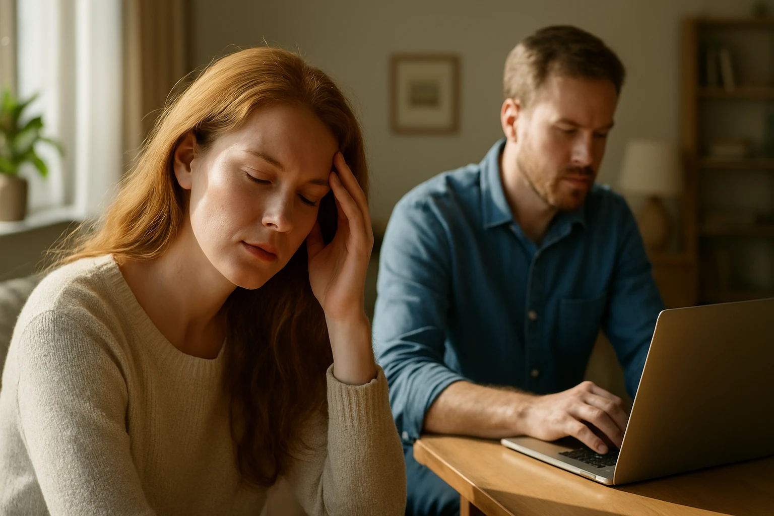 Egy nő fáradtan ül, kezével a homlokát fogja, míg egy férfi a laptopján dolgozik mellette.