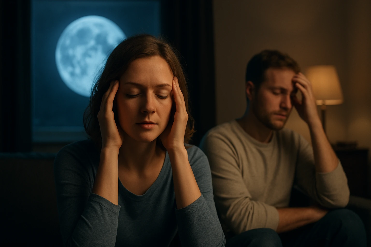 Egy nő és egy férfi ülnek egy sötét szobában, mindketten feszülten gondolkodnak, a háttérben telihold látható.