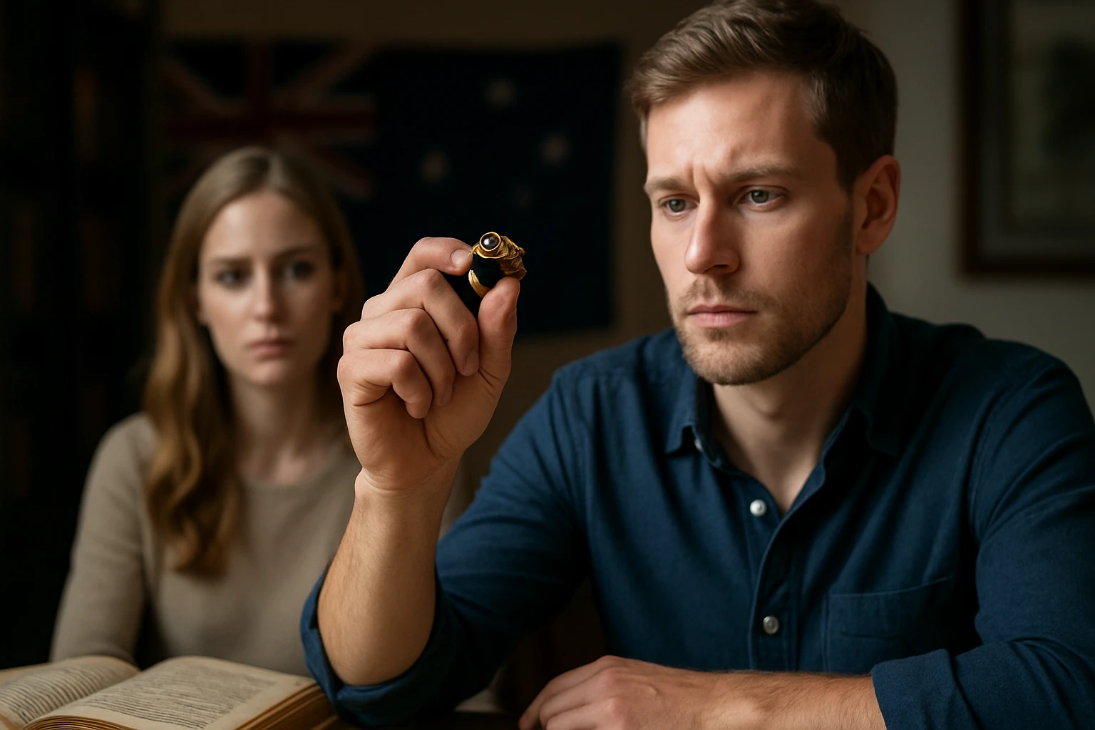Egy férfi figyelmesen nézi a kezében tartott tárgyat, míg egy nő háttérben aggodalommal figyeli őt.