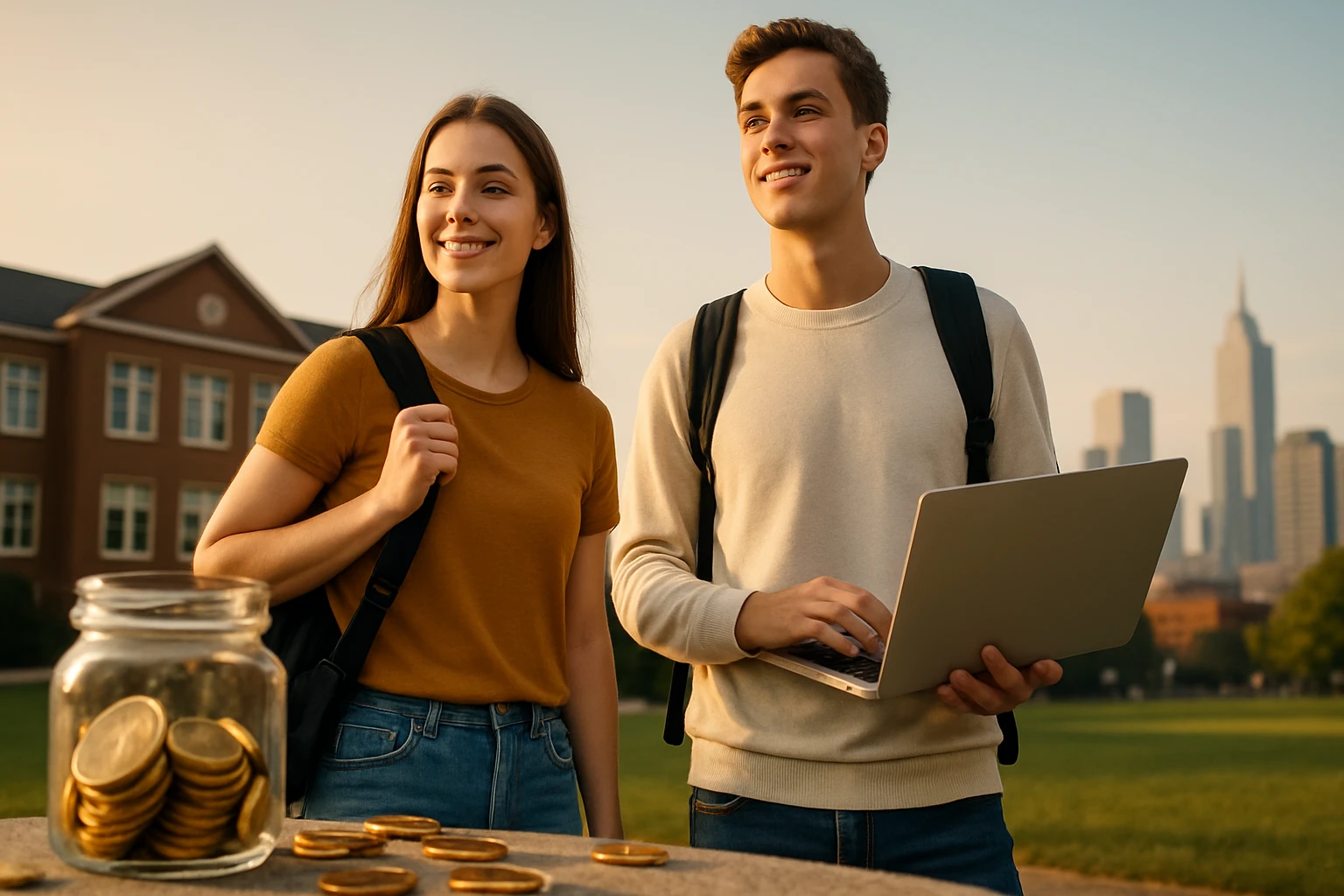 Két fiatal, mosolygó diák áll a parkban, laptopot néznek, mögöttük városi táj látható.