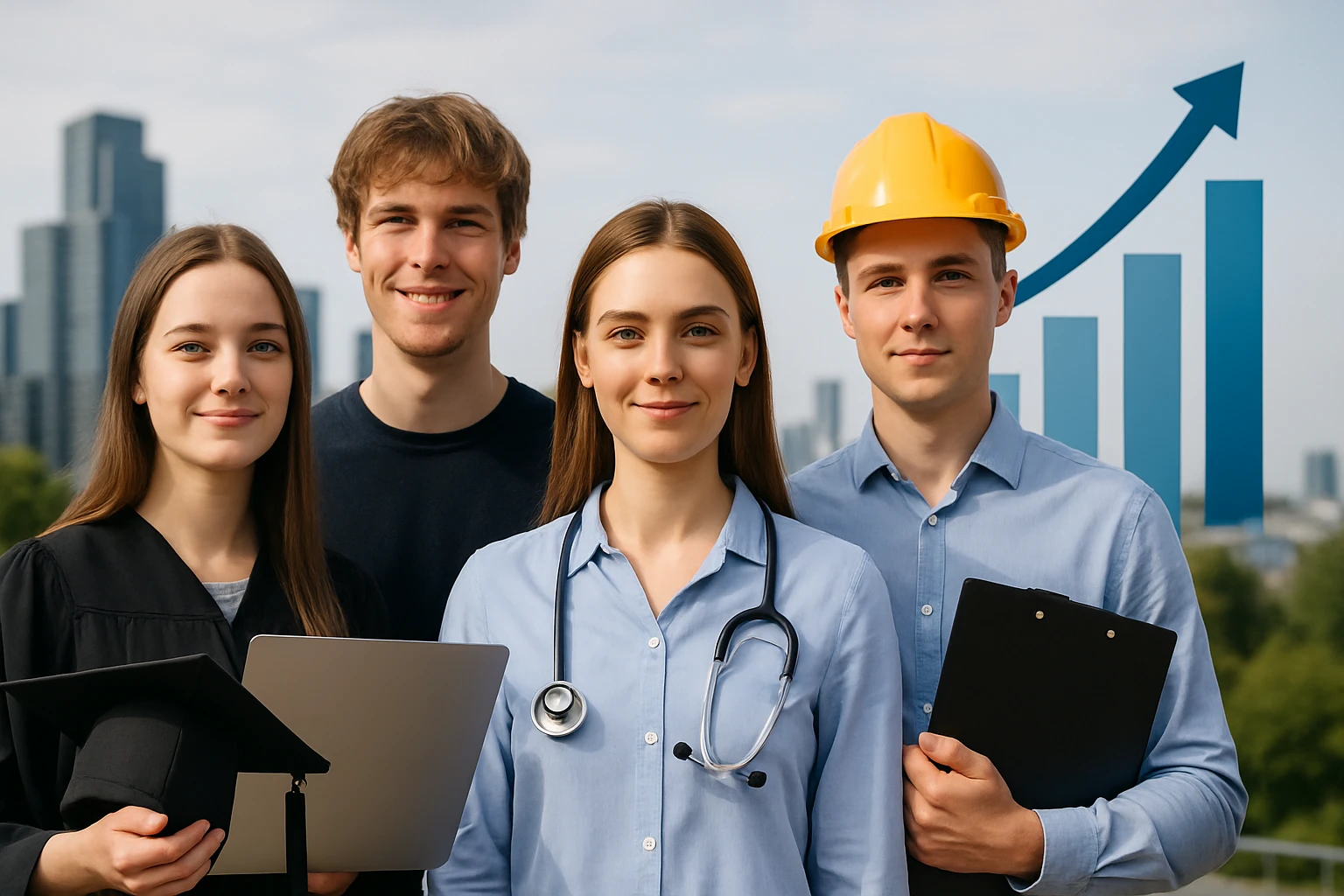 Négy fiatal szakember áll a városi háttér előtt, különböző szakmákat képviselve.