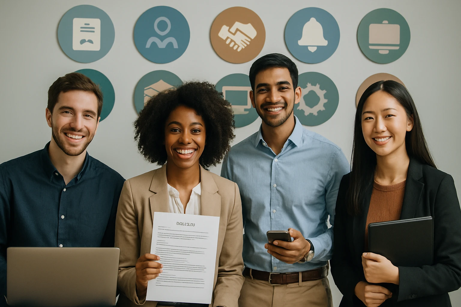 Négy fiatal szakember mosolyogva áll egy modern irodában, különböző eszközökkel a kezükben.