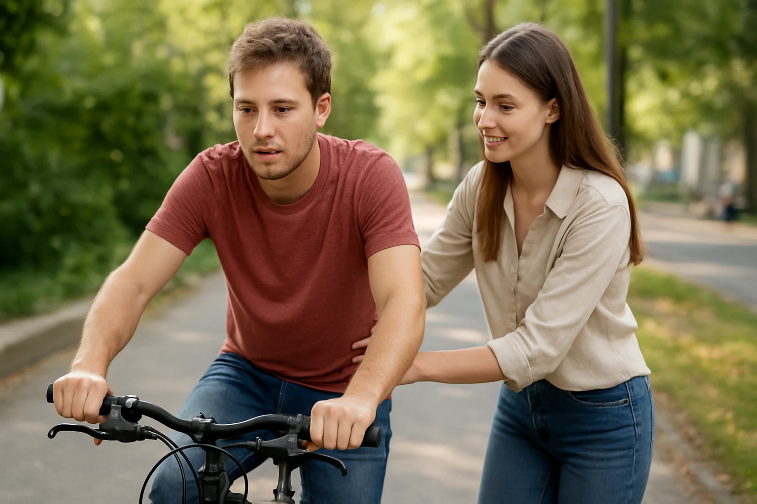 Egy fiatal férfi kerékpáron ül, míg egy nő segít neki egy parkos úton.