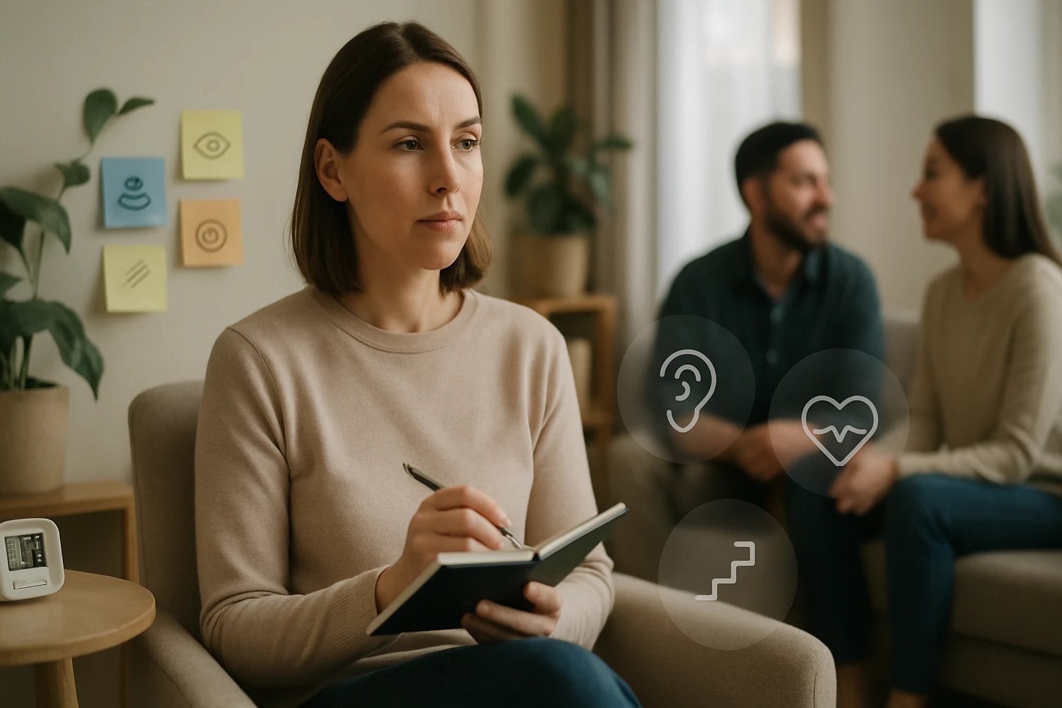 Egy nő jegyzetel egy kanapén, miközben egy pár beszélget a háttérben.