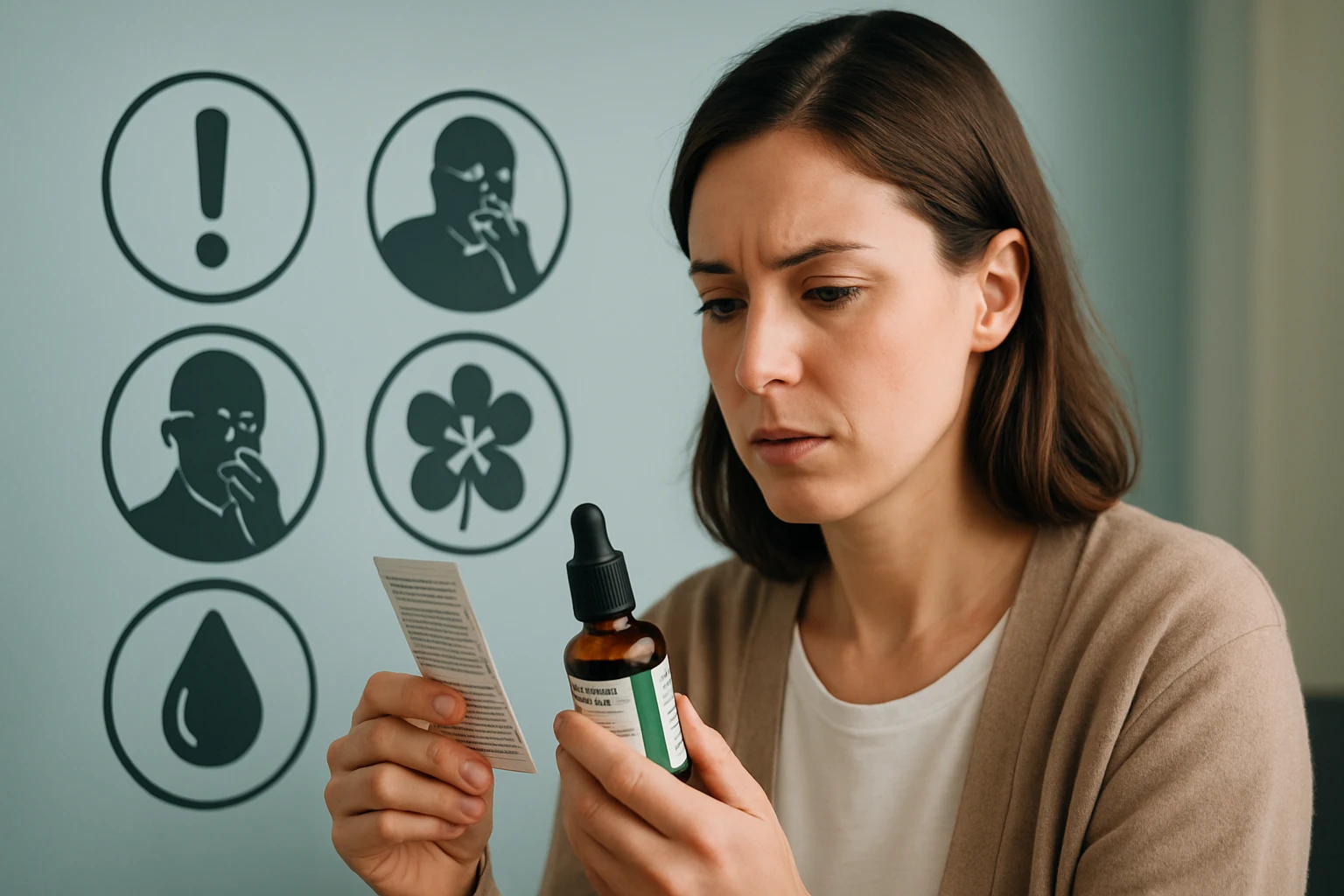 Egy nő figyelmesen nézi a kezében tartott üveget és a használati útmutatót.