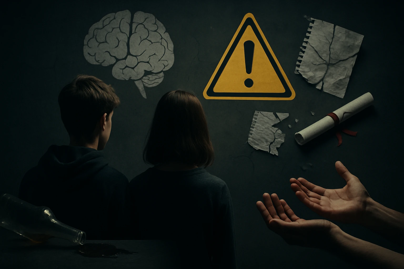 Két fiatal hátulról néz egy figyelmeztető táblát és egy agyat ábrázoló grafikát.