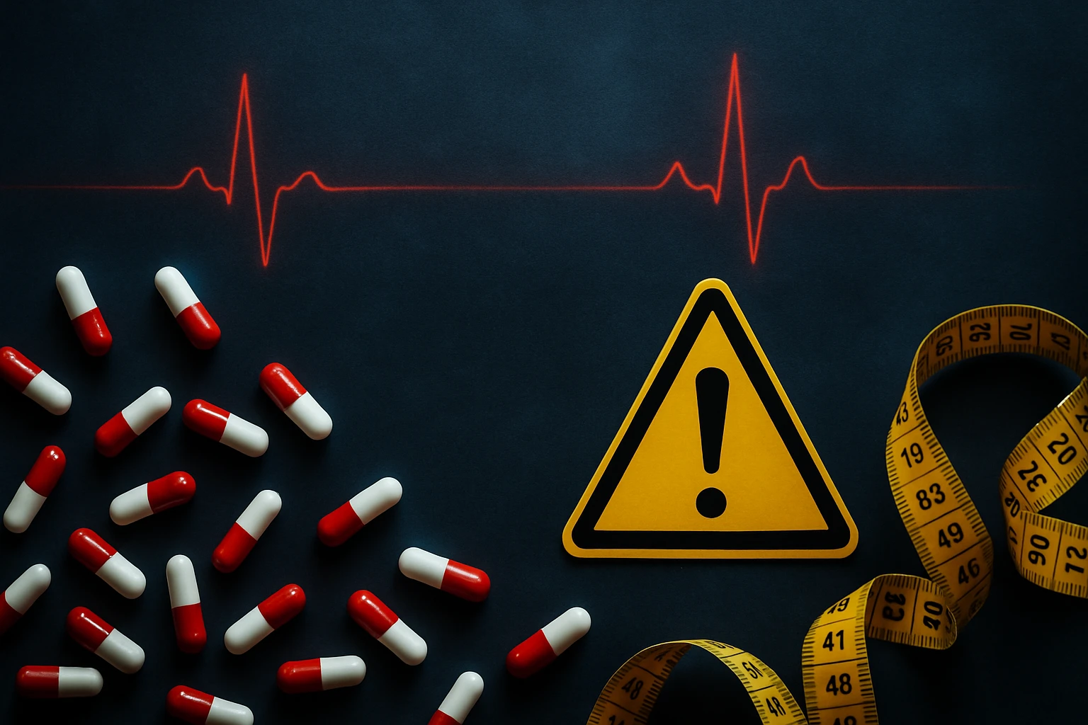 Piros-fehér kapszulák, figyelmeztető tábla és mérőszalag egy sötét háttéren.