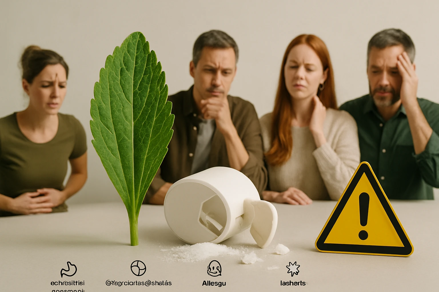 Egy zöld levél, egy felborult sótartó és figyelmeztető tábla látható, miközben emberek aggódva néznek.