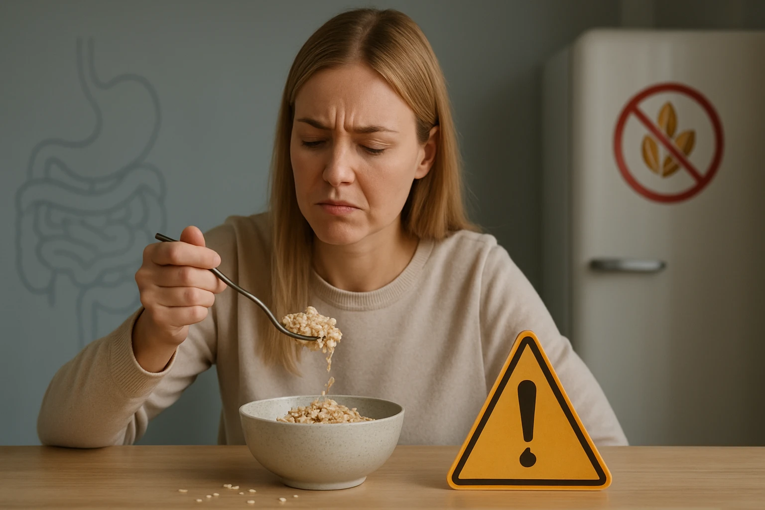 Egy nő szomorúan néz egy tál zabkására, miközben egy figyelmeztető táblát tart a közelében.