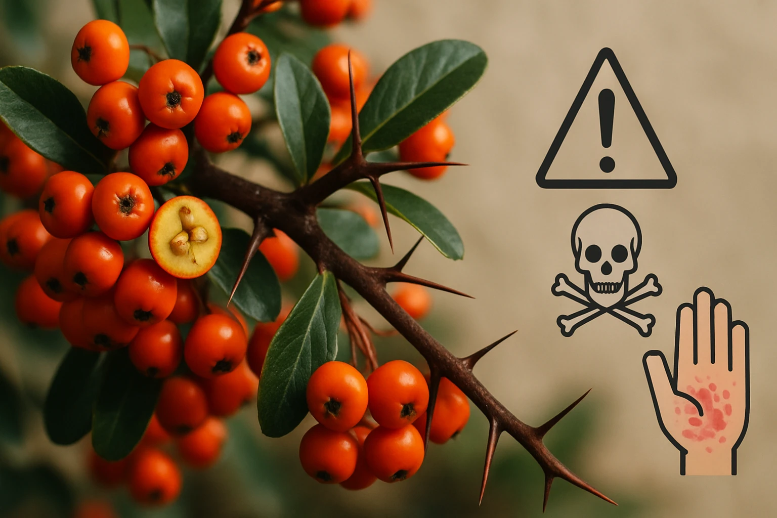 Egy ágon piros bogyók láthatók, mellettük figyelmeztető szimbólumok.