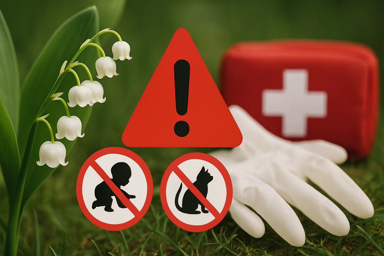 Fehér harangláb virágok, figyelmeztető jelzések babák és állatok számára, elsősegély doboz és kesztyű háttérben.