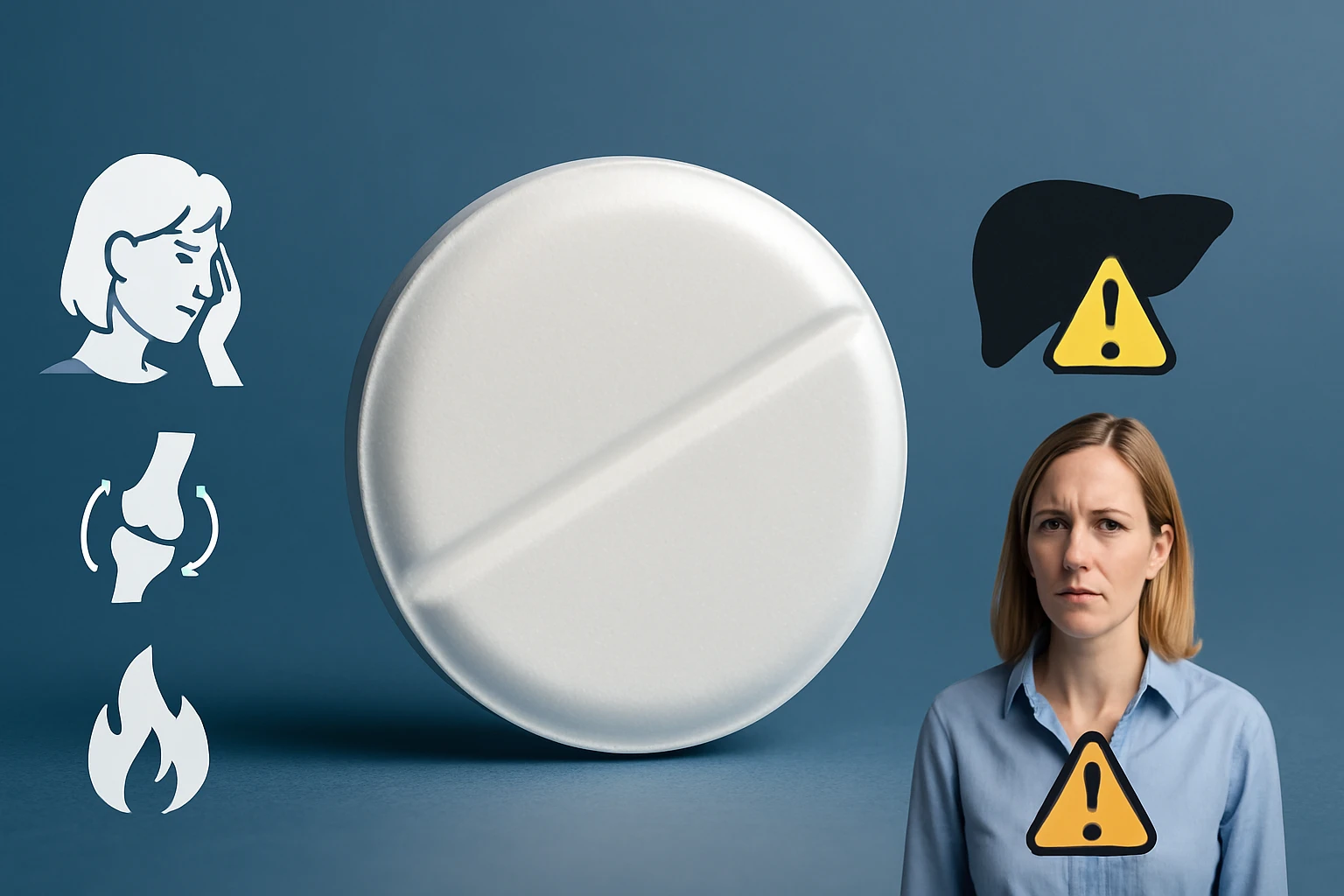 Egy fehér tabletta, mellette figyelmeztető ikonok, amelyek fájdalomra utalnak.