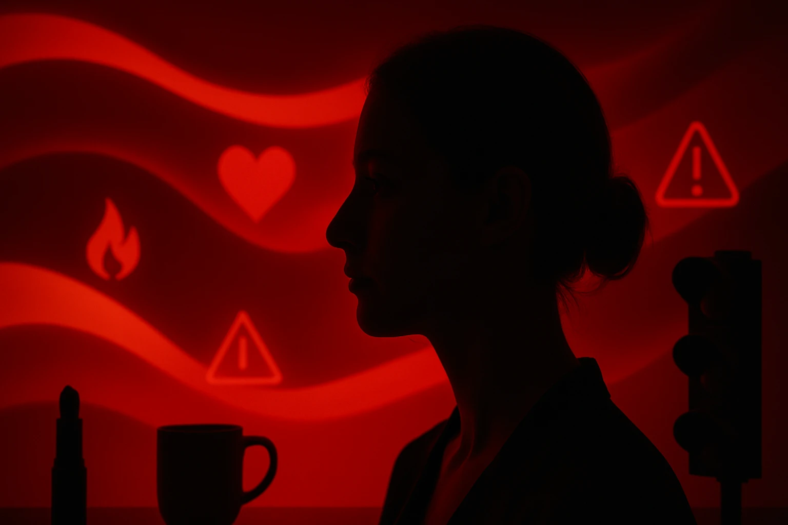 Egy nő profilja látható, háttérben piros neon szimbólumokkal, mint szív és figyelmeztetés.