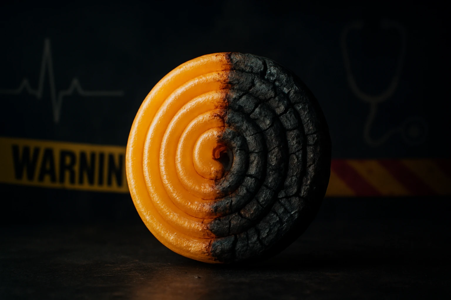 Egy spirális formájú, félig égett, narancssárga és fekete színű tárgy, háttérben figyelmeztető sávval.