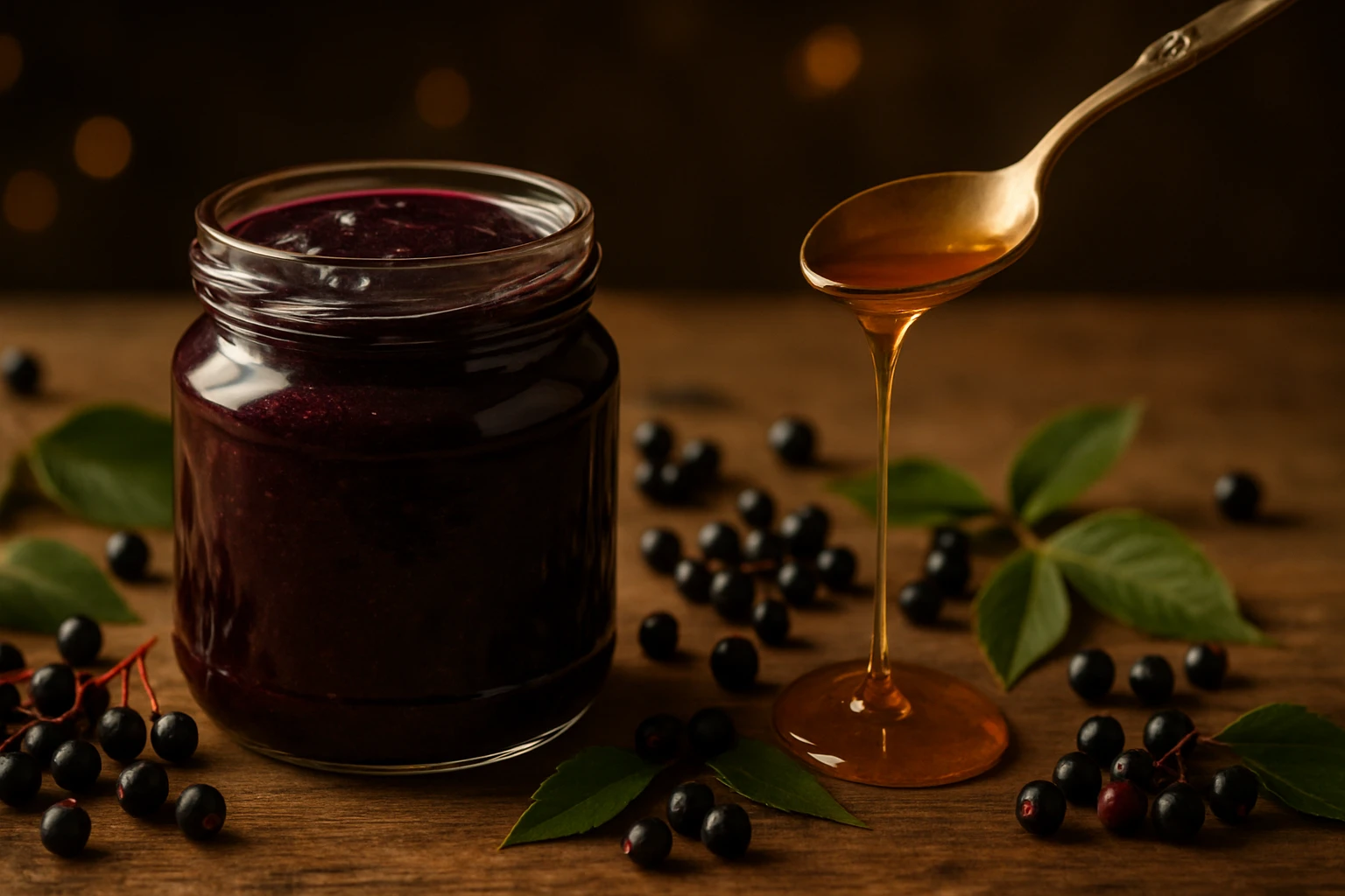 Egy üveg sötét színű lekvár, mellette méz és fekete bogyók.