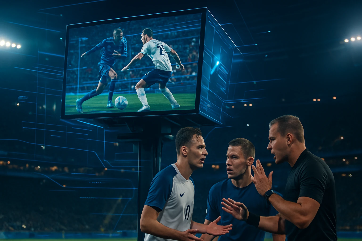Két focista vitatkozik a játékvezetővel egy mérkőzés közben, a háttérben egy monitoron a játék jelenete látható.