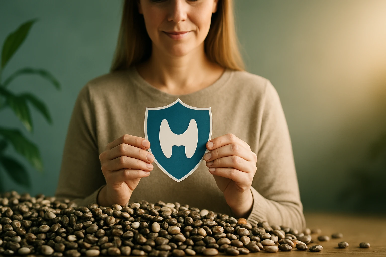 Egy nő egy pajzsot tart a kezében, amelyen egy fog ikon látható, körülötte magvak.