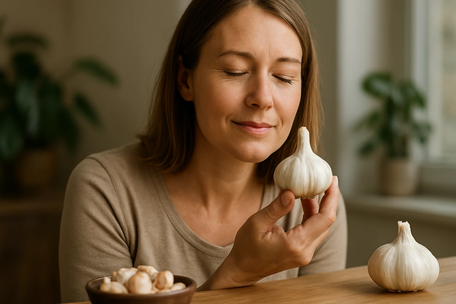 Egy nő a kezében tart egy fokhagymát, élvezi annak illatát, miközben egy tálban gombák láthatók.