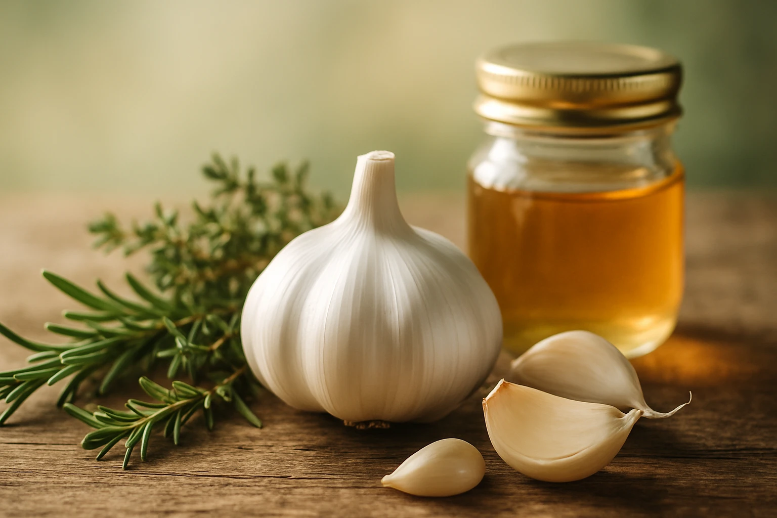 Egy fej fokhagyma, néhány gerezd, olajjal teli üveg és friss fűszernövények egy fából készült asztalon.