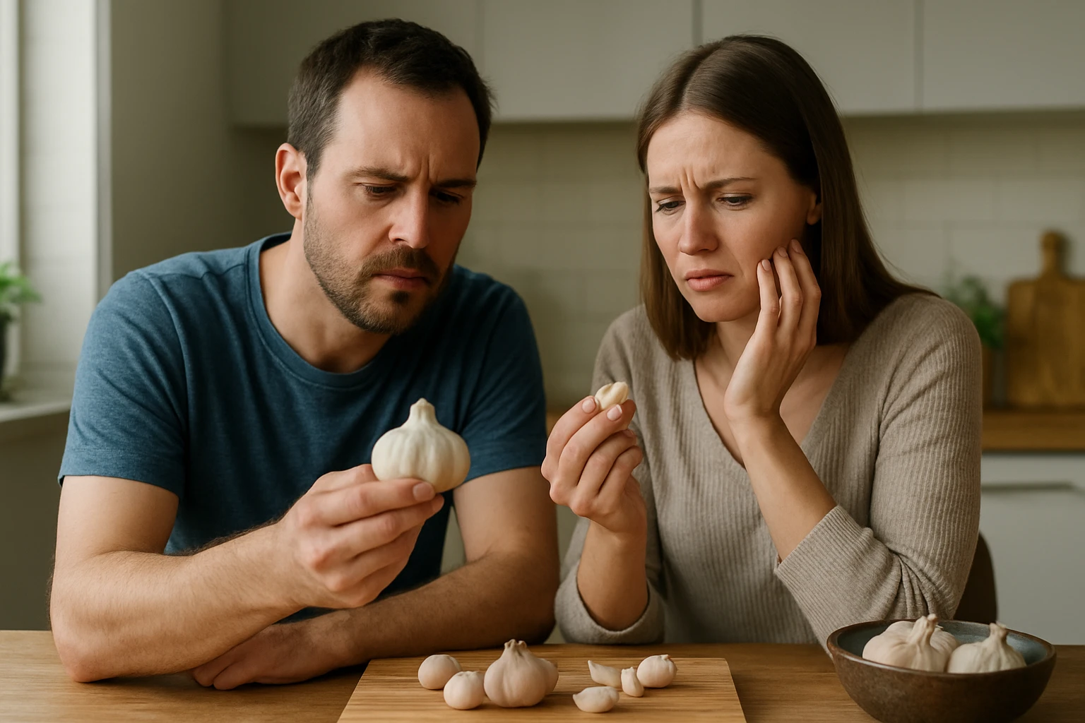 Egy férfi és egy nő fokhagymát vizsgál, aggodalommal az arcukon.