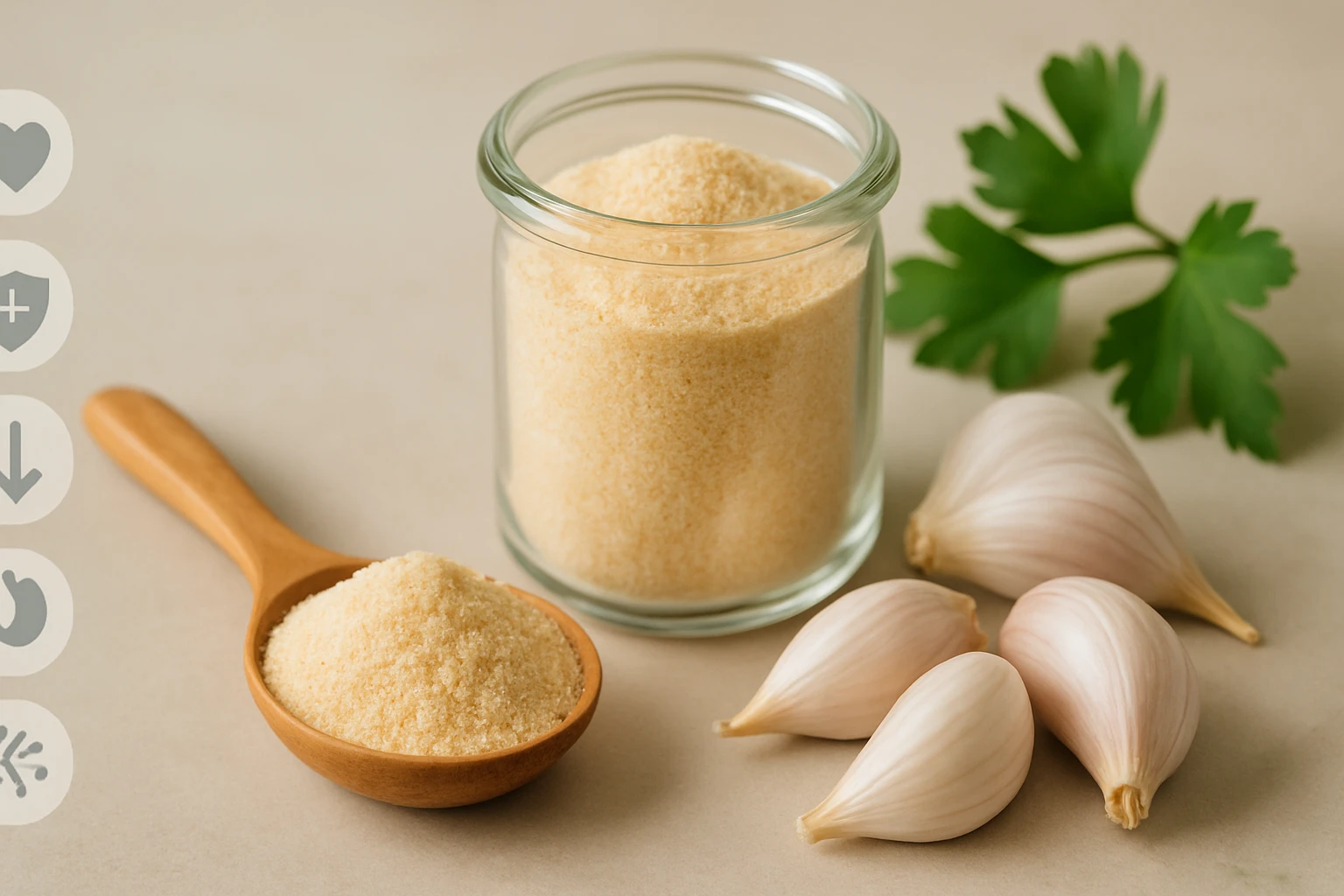 Egy üvegben fokhagymapor, mellette friss fokhagymagerezdek és petrezselyemlevél.