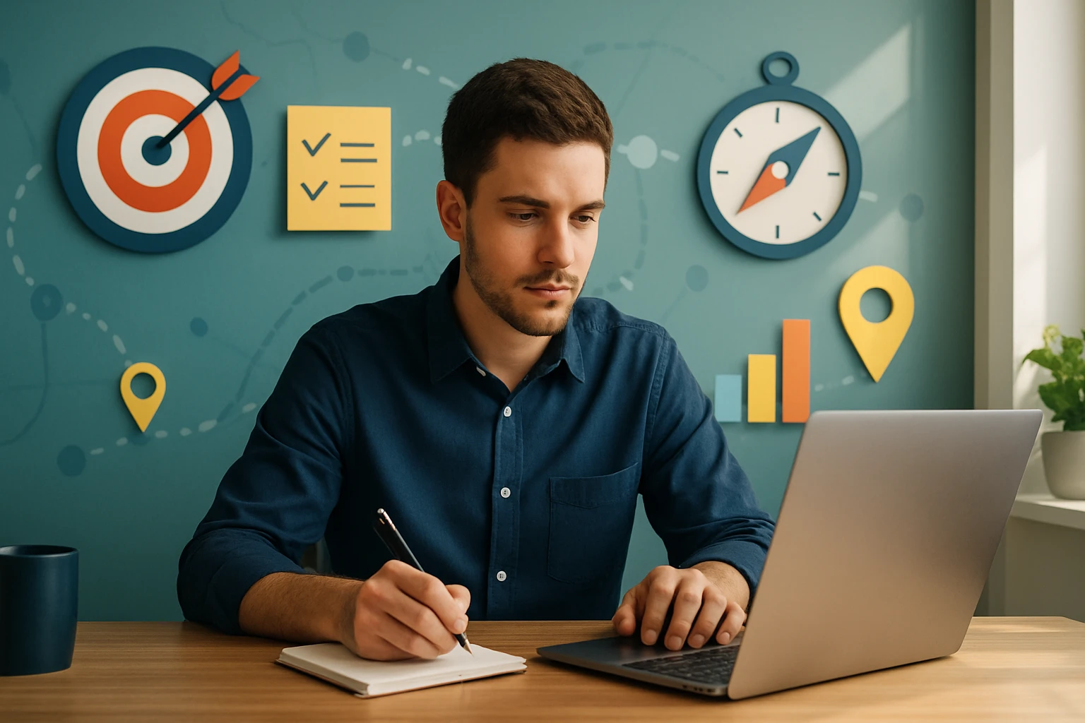 Egy fiatal férfi jegyzetel a laptopja előtt, háttérben grafikai elemekkel.