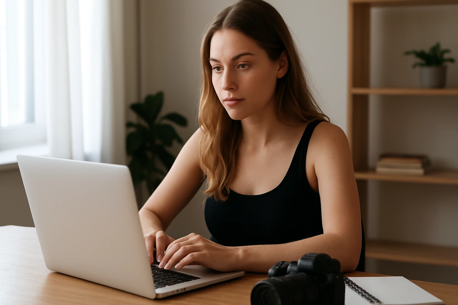 Egy fiatal nő koncentráltan gépel egy laptopon, mellette fényképezőgép és jegyzetfüzet található.