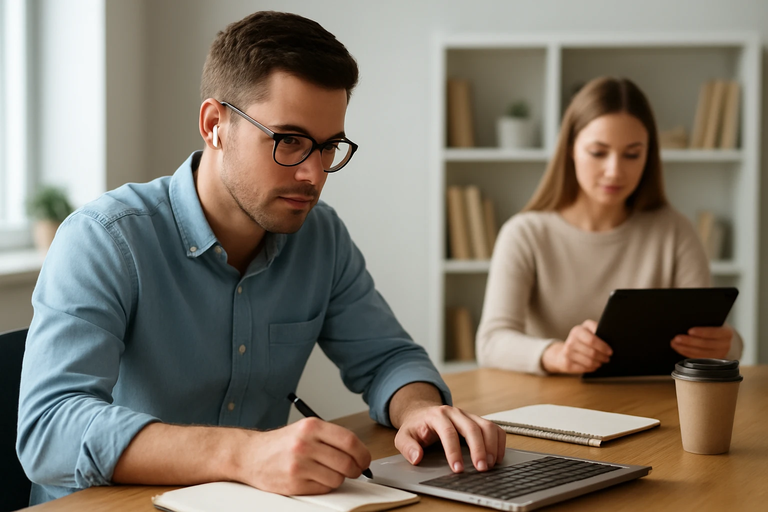 Egy fiatal férfi jegyzetel laptop előtt, míg egy nő táblagépet használ.