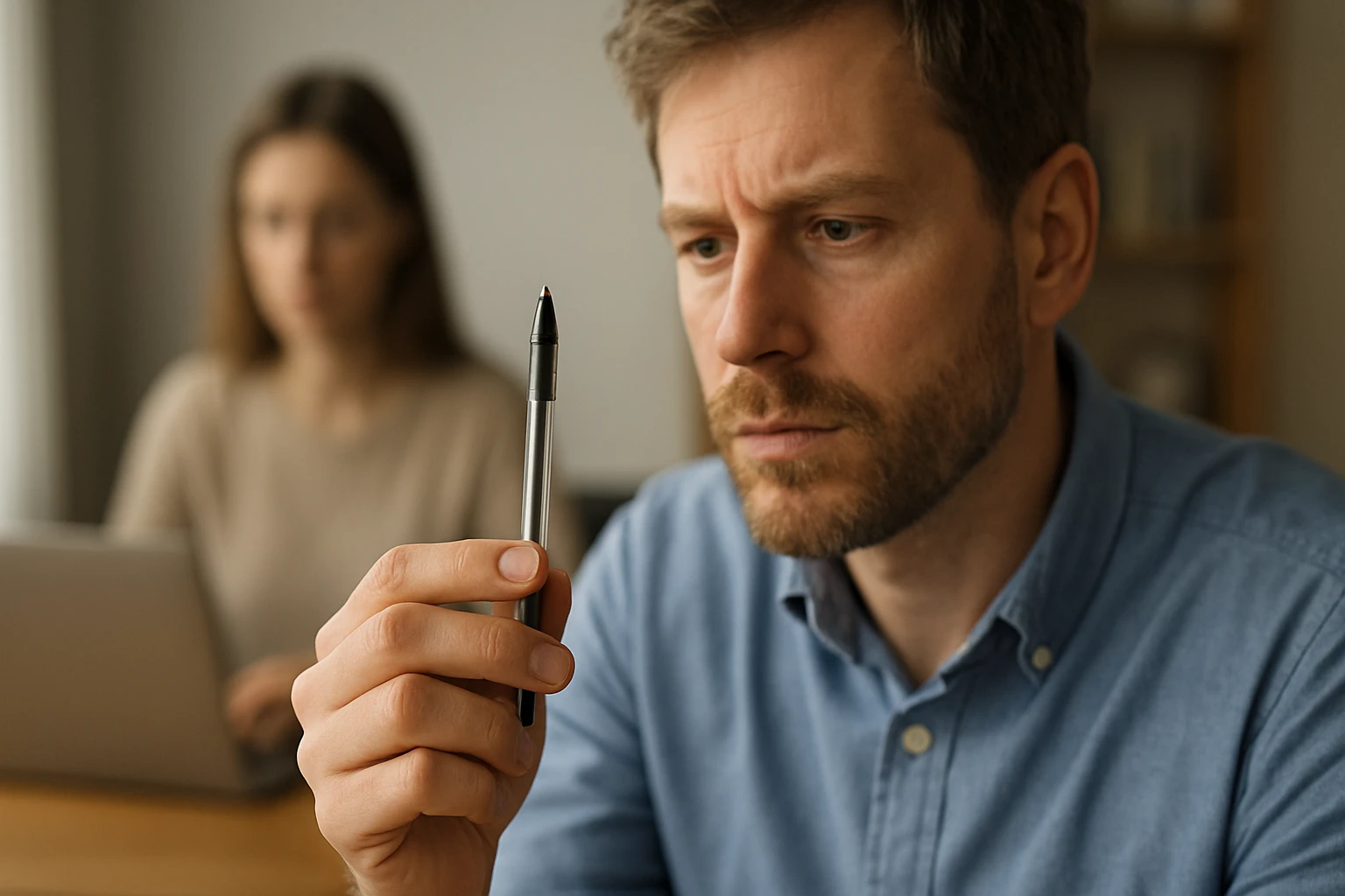 Egy férfi figyelmesen nézi a kezében tartott tollat, háttérben egy nő ül a laptopjánál.